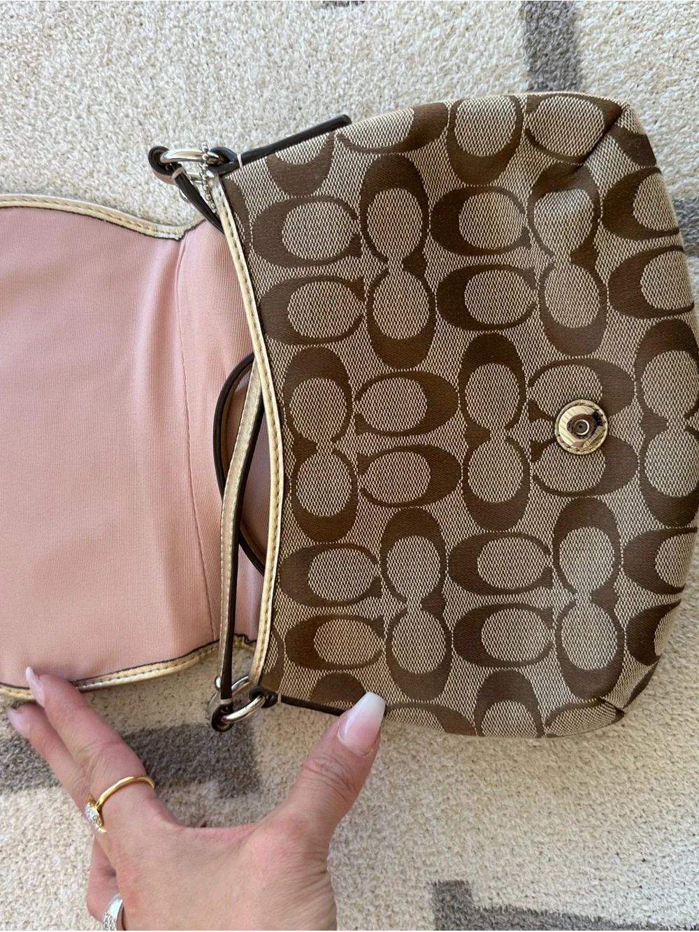Coach Brown Signature Canvas Crossbody with Metallic Gold Buckle